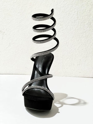 Wilddiva Liz-34 Wraparound Rhinestone Round Toe Platform Stiletto Heels-Black-Silver