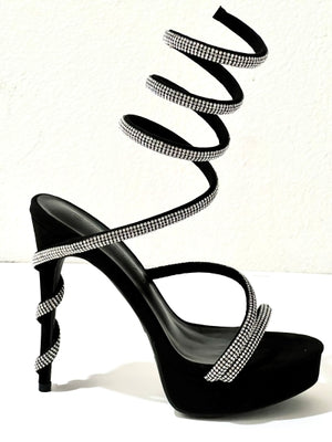 Wilddiva Liz-34 Wraparound Rhinestone Round Toe Platform Stiletto Heels-Black-Silver