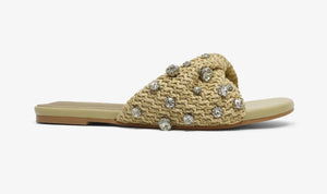 Lemonade Mayleen Rhinestone Embellished Raffia Slip-on Flat Sandal-Nude
