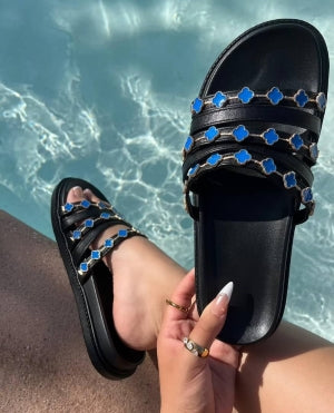 Clover Charm Detail SlipOn Slide Sandals –Trendy Women’s Summer Slides