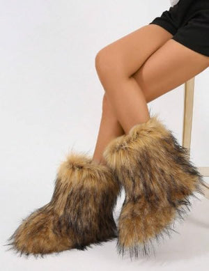 Diva Melanie Women Shearling Fluffy Fur Mid-Calf Comfortable Boots-Brown