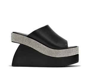 Cape Odana Rhinestone Embellished Open Round Toe Wedge Heel-Black PU