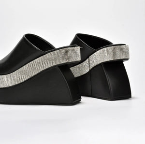 Cape Odana Rhinestone Embellished Open Round Toe Wedge Heel-Black PU