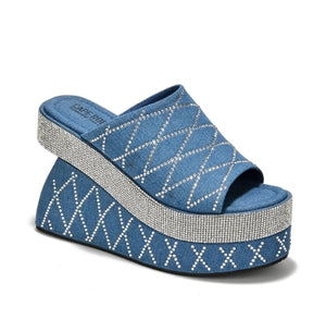 Rhinestone Embellished Open Round Toe Wedge Heel-Denim