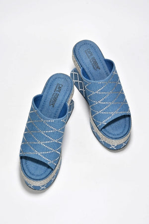 Cape Odana Rhinestone Embellished Open Round Toe Wedge Heel-Denim