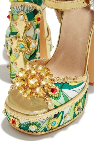 Chase Royal Stone and Pearl Embellished Ankle Adjustable Buckle Open Toe Platform Block Heel -Green