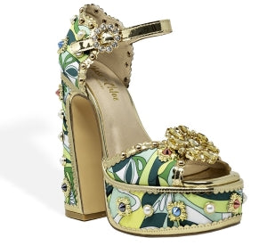 Chase Royal Stone and Pearl Embellished Ankle Adjustable Buckle Open Toe Platform Block Heel -Green