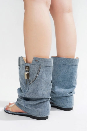 Cape Robbin Sari Step-in Thong Zipper and Lock Detail Round Toe Flat Sandal-Denim