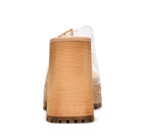 Tanuji Buckle Detail Clear Finish Wood-grain Platform Round Toe High Block Heel Sandal
