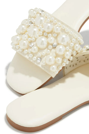 Lily Zarya-2 Pearl Embellished wide Vamp Angular Open Toe Flat Mule-White