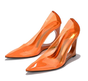 Ara Translucent Upper Detail Pointed Toe Unique Heel Women Pump-Orange