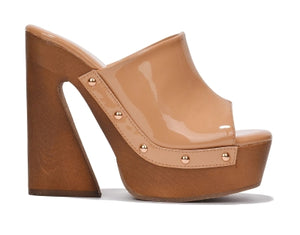 Cape Robbin Moika Square Toe Platform Sculptured Block Heel Women Mule-Tan
