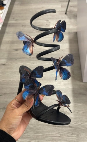 Lily Nikia-237 Fashion Butterfly Detail Wrap-around Open Round Toe Stiletto Heel -black