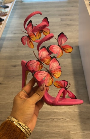 Lily Nikia-237 Fashion Butterfly Detail Wrap-around Open Round Toe Stiletto Heel -fuchsia