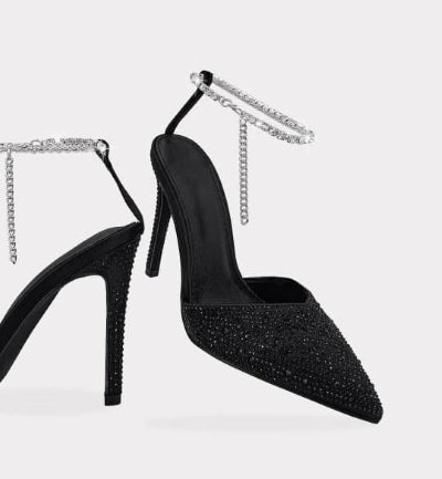 Bern Valentina Chain Detail Ankle Strap Rhinestone Embellished Pointy Toe Stiletto Heel -Black