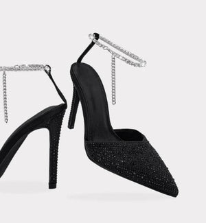 Bern Valentina Chain Detail Ankle Strap Rhinestone Embellished Pointy Toe Stiletto Heel -Black