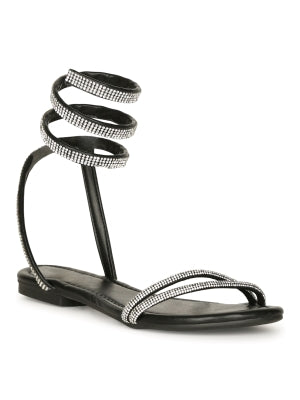 Kay Aeryn-10 Rhinestone Ankle Lace-up Strappy Round Open Toe Flat Sandals-Black