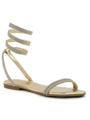 Kay Aeryn-10 Rhinestone Ankle Lace-up Strappy Round Open Toe Flat Sandals-Gold