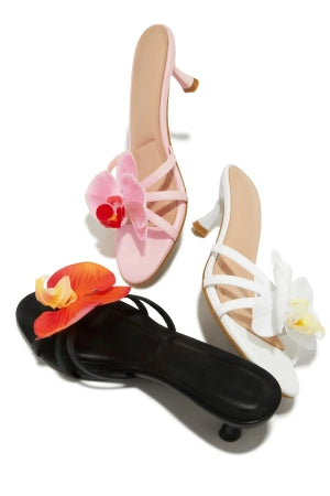 Top Angie Rosette Floral Detailing Peep Toe Kitten Heel Mule Sandal -Black