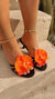 Top Angie Rosette Floral Detailing Peep Toe Kitten Heel Mule Sandal -Black