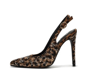  Rhinestone Embellished Leopard Slingback Adjustable Buckle Pointy Toe Stiletto Heel