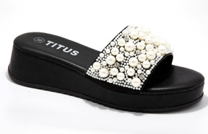 Black slip-on mule sandal with pearl embellishments 