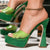 Green Slip-On Platform Mules - Open Toe Flaring Block Heels