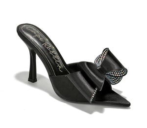 Cape Robbin Bellani Satin Rhinestone Bow Detail Pointy Toe Slip-on Peep Toe High Heels-Black