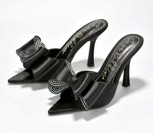 Cape Robbin Bellani Satin Rhinestone Bow Detail Pointy Toe Slip-on Peep Toe High Heels-Black