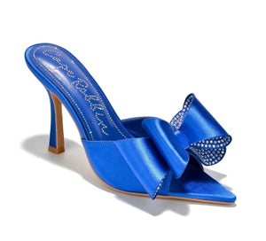 Cape Robbin Bellani Satin Rhinestone Bow Detail Pointy Toe Slip-on Peep Toe High Heels-Blue