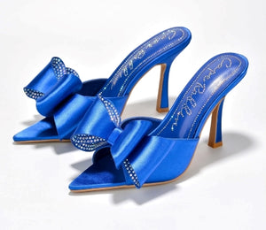 Cape Robbin Bellani Satin Rhinestone Bow Detail Pointy Toe Slip-on Peep Toe High Heels-Blue