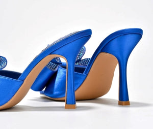 Cape Robbin Bellani Satin Rhinestone Bow Detail Pointy Toe Slip-on Peep Toe High Heels-Blue