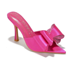 Cape Robbin Bellani Satin Rhinestone Bow Detail Pointy Toe Slip-on Peep Toe High Heels-Pink