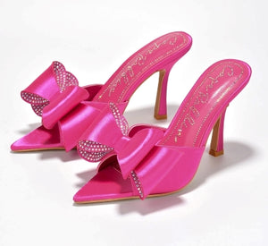 Cape Robbin Bellani Satin Rhinestone Bow Detail Pointy Toe Slip-on Peep Toe High Heels-Pink