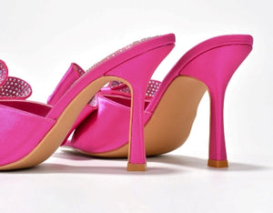 Cape Robbin Bellani Satin Rhinestone Bow Detail Pointy Toe Slip-on Peep Toe High Heels-Pink