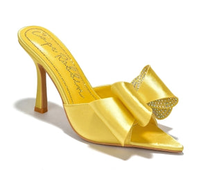 Cape Robbin Bellani Satin Rhinestone Bow Detail Pointy Toe Slip-on Peep Toe High Heels-Yellow