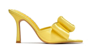 Cape Robbin Bellani Satin Rhinestone Bow Detail Pointy Toe Slip-on Peep Toe High Heels-Yellow