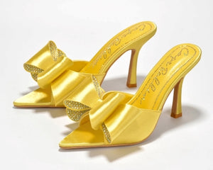 Cape Robbin Bellani Satin Rhinestone Bow Detail Pointy Toe Slip-on Peep Toe High Heels-Yellow