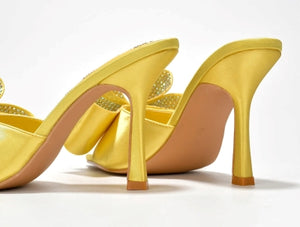 Cape Robbin Bellani Satin Rhinestone Bow Detail Pointy Toe Slip-on Peep Toe High Heels-Yellow