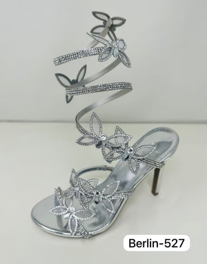 Wild Diva Berlin-527 Diamante Butterfly Detail Ankle Wraparound Rhinestone Strap Platform Stiletto Heel Sandals-Silver