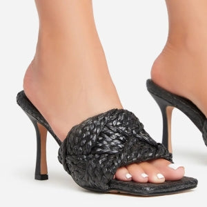 Lemonade Better-Now Woven Peep Toe Square Toe Heel Mule-Black