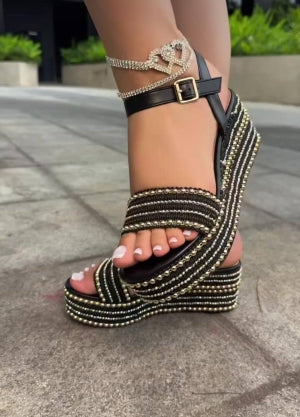 Bamboo Beyond High Embellished Platform Peep Toe Wedge Heel Sandal