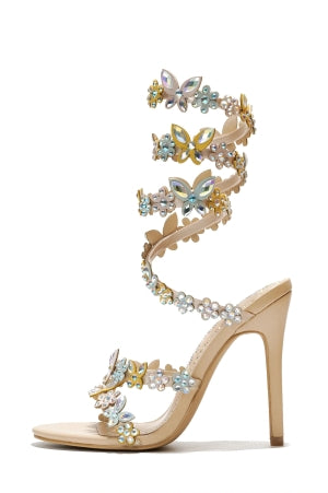 Cape Robbin Chastity Butterfly Rhinestone Embellished Wrap Around Strappy Round Toe Stiletto Heel Sandal