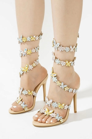 Cape Robbin Chastity Butterfly Rhinestone Embellished Wrap Around Strappy Round Toe Stiletto Heel Sandal