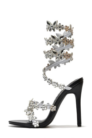 Cape Robbin Chastity Butterfly Rhinestone Embellished Wrap Around Strappy Round Toe Stiletto Heel Sandal