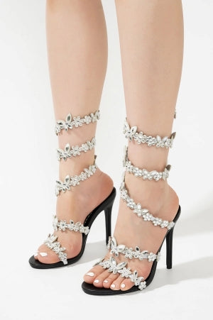 Cape Robbin Chastity Butterfly Rhinestone Embellished Wrap Around Strappy Round Toe Stiletto Heel Sandal