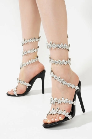 Cape Robbin Chastity Butterfly Rhinestone Embellished Wrap Around Strappy Round Toe Stiletto Heel Sandal