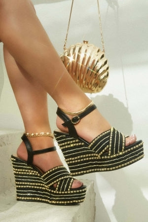 Bamboo Chosen High Embellished Platform Round Peep Toe Wedge Heel Sandal