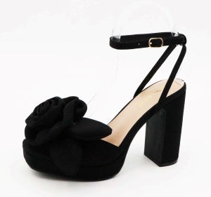 Dialog-23 Ankle Strap Flower Band Platform Peep Toe Dressy Block Heel sandal-Black