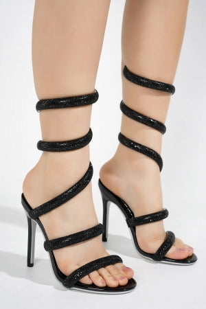 Cape Robbin Dyana Wraparound Rhinestone Strappy Round Toe Stiletto Heel Sandal-Black